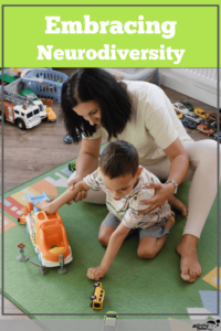 mom helps autistic boy playing with truck